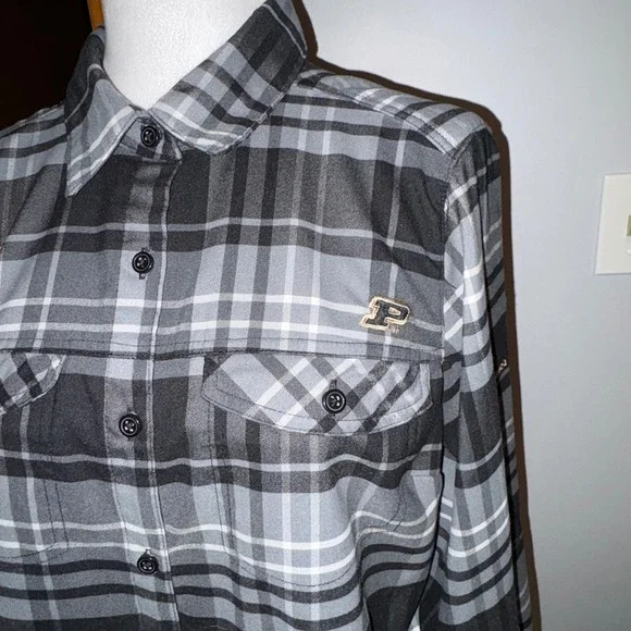 Columbia Purdue University Sportswear Long Sleeve black gray Plaid Flannel Shirt - Picture 2 of 9